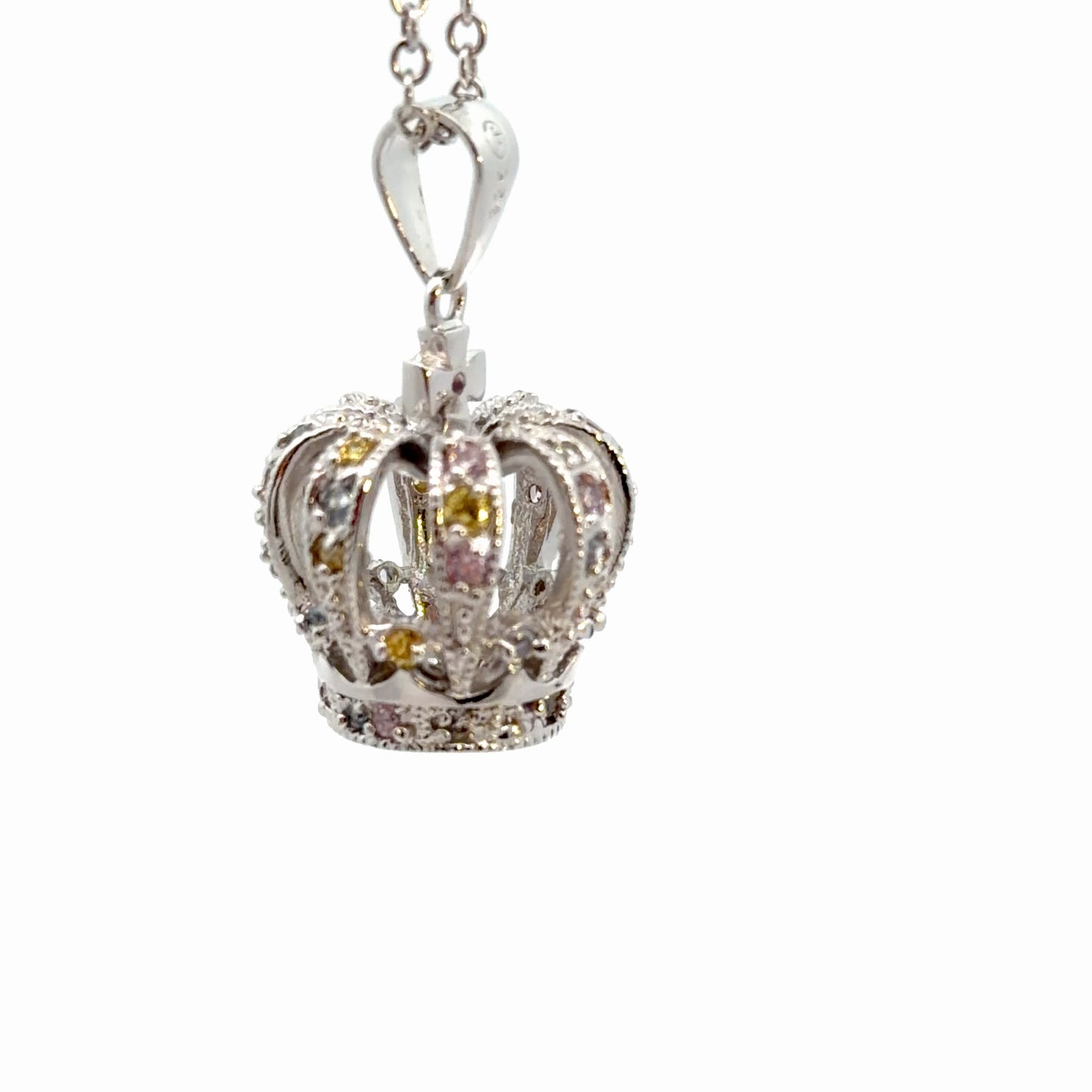 Sterling silver Crown  Necklace with Vivid Yellow and Pink cubic zirconia