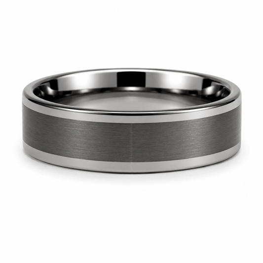 Flat Charcoal 6MM Tungsten Band with Polished Step Edges