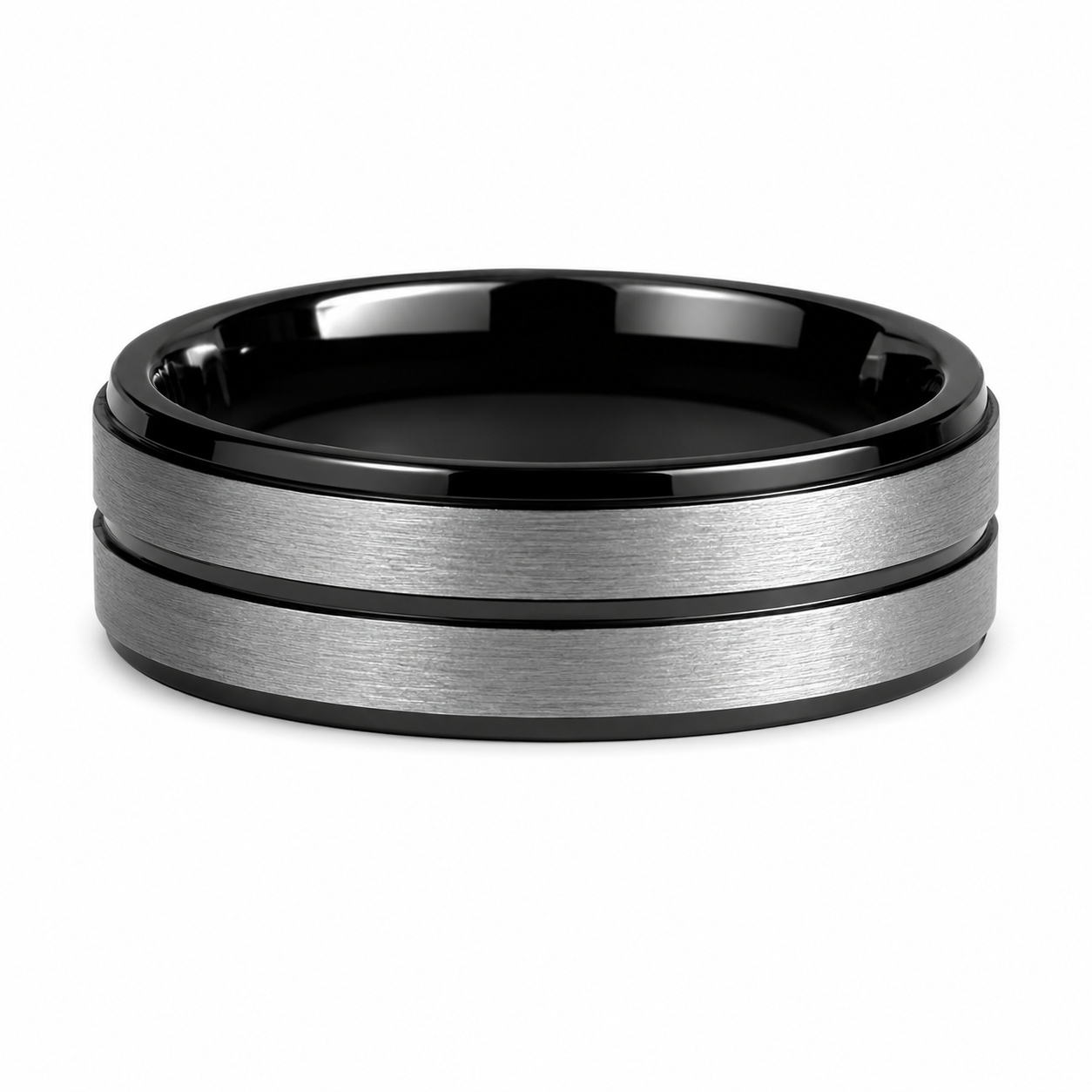 The Obsidian Meridian: Two-Tone Brushed Silver & Black Grooved Tungsten Band