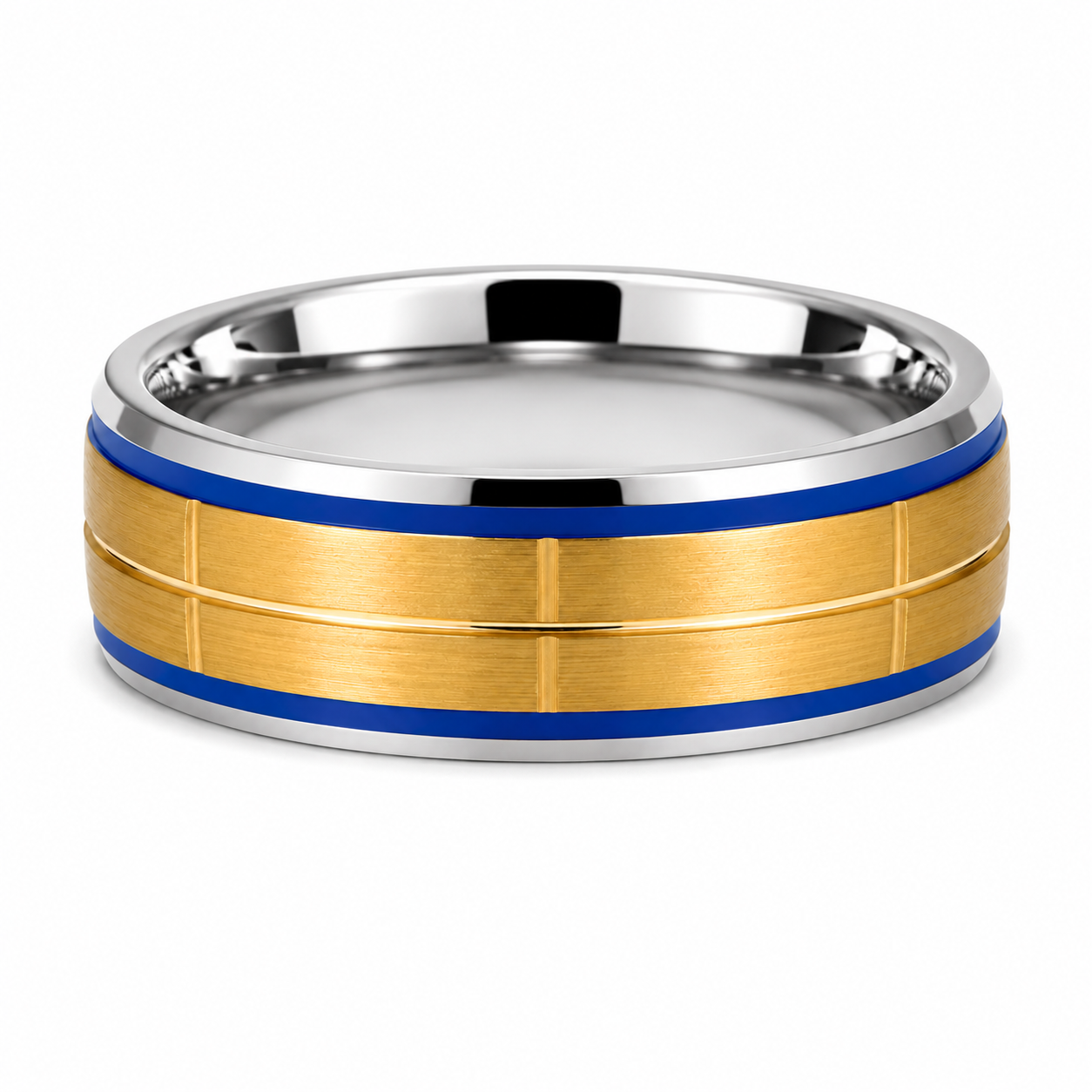 The Royal Imperium: Gold-Plated Stepped Tungsten Band with Electric Blue Grooves
