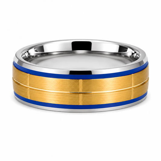 The Royal Imperium: Gold-Plated Stepped Tungsten Band with Electric Blue Grooves