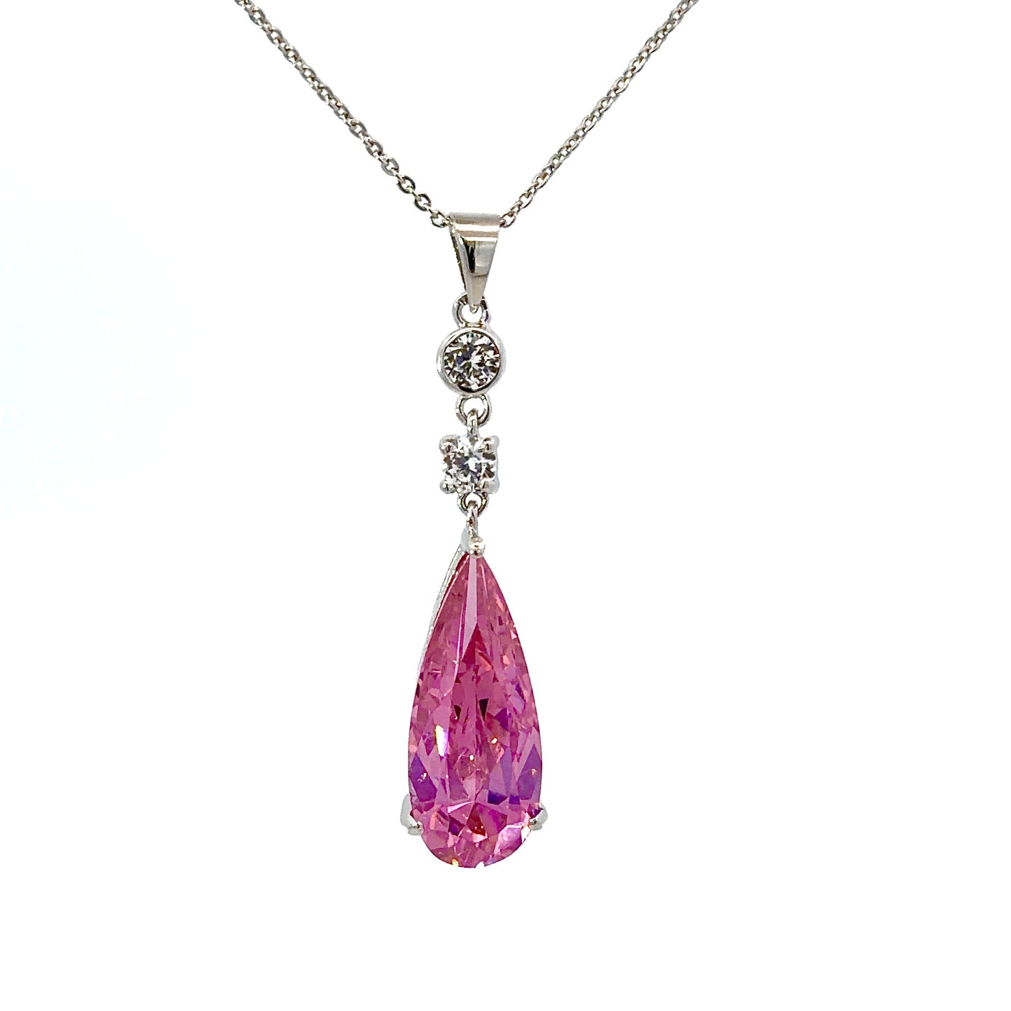 Sterling Silver Pink Cubic Zirconia Teardrop Necklace
