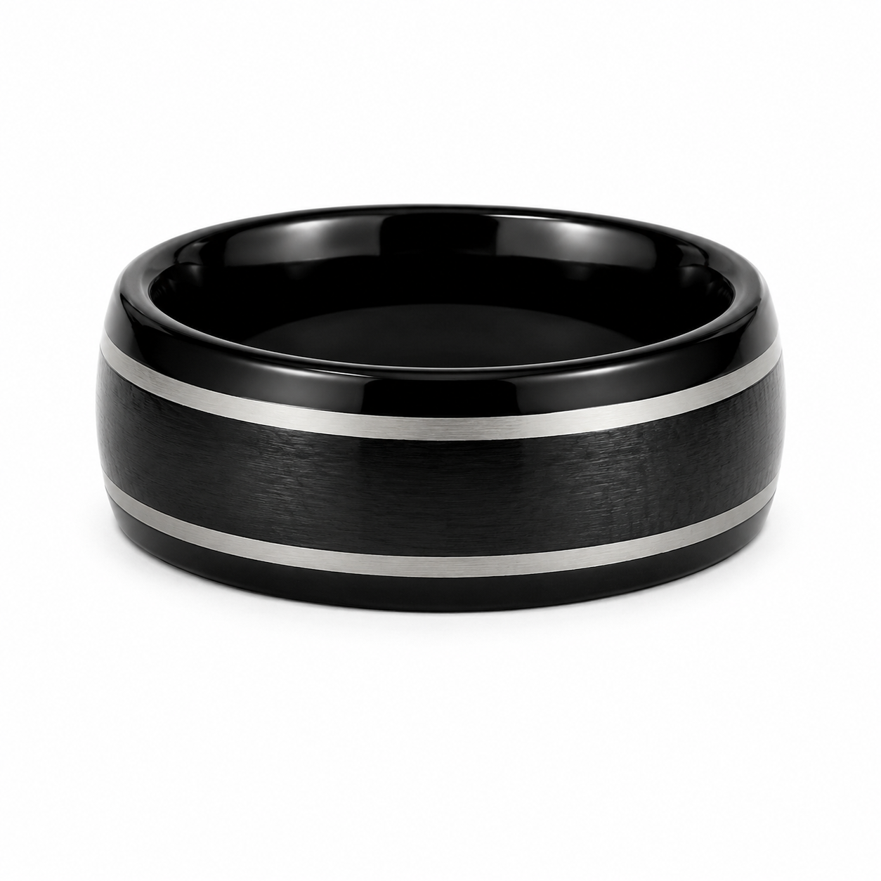 The Shadow: Matte Black & Silver Grooved Tungsten Band