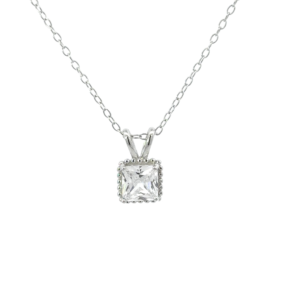 Sterling Silver Princess cut Milgrain Necklace