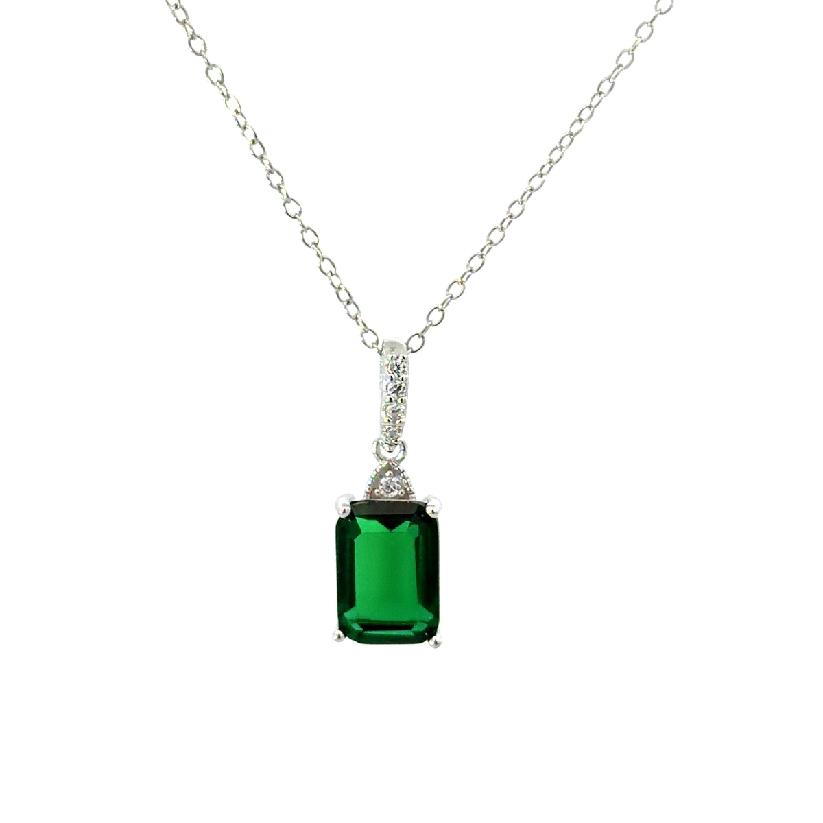 Sterling Silver Emerald-cut Emerald Necklace