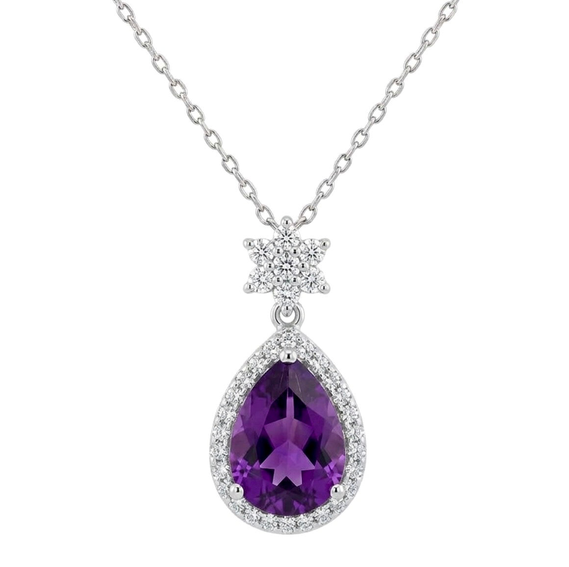 Sterling Silver Amethyst and Halo Teardrop Necklace