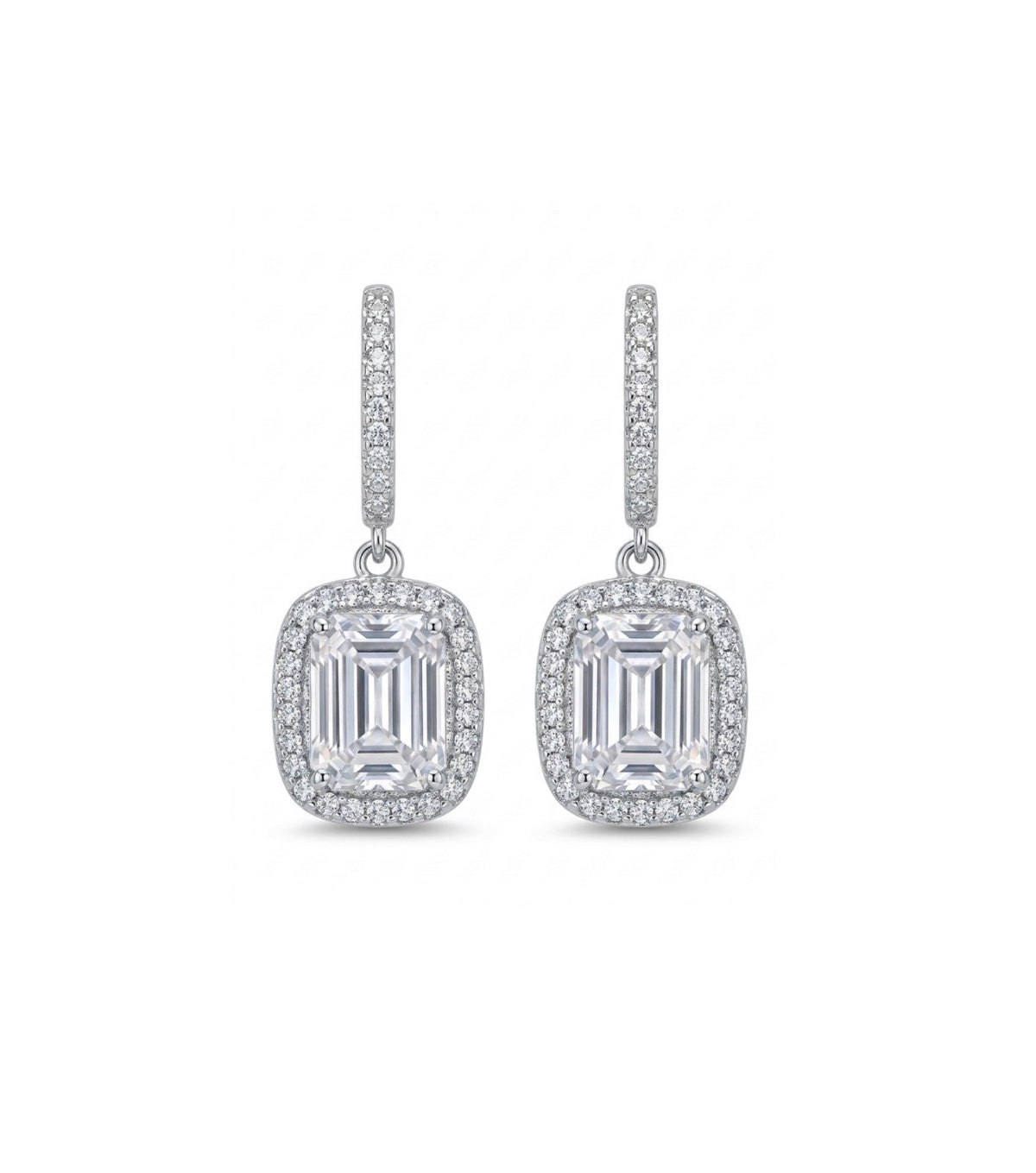 Sterling Silver Emerald Cut Halo Drop Earrings