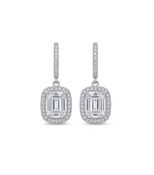 Sterling Silver Emerald Cut Halo Drop Earrings