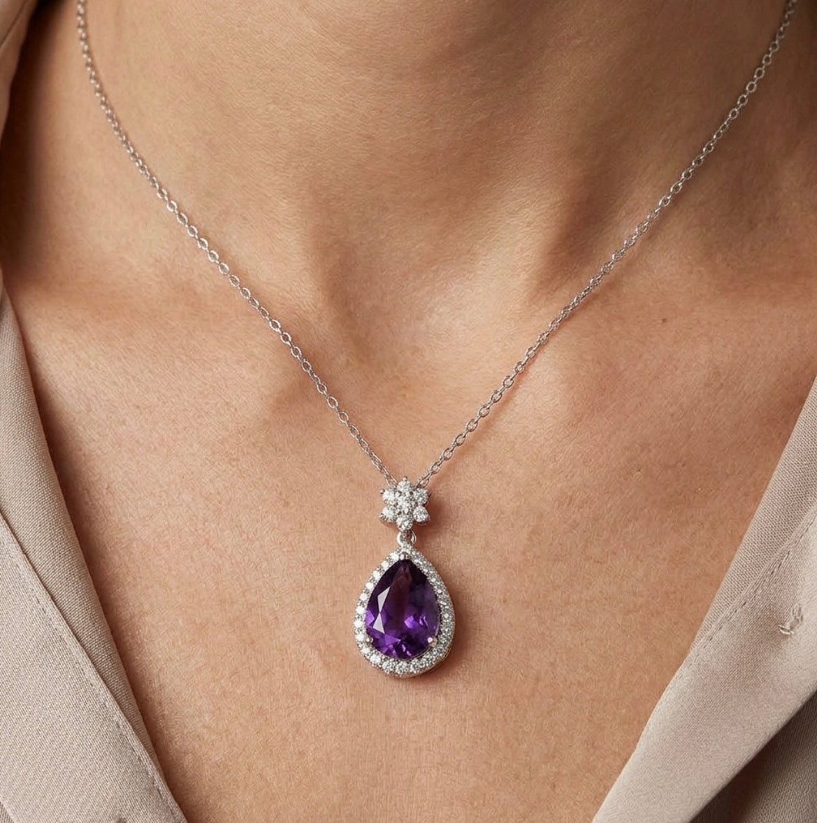 Sterling Silver Amethyst and Halo Teardrop Necklace