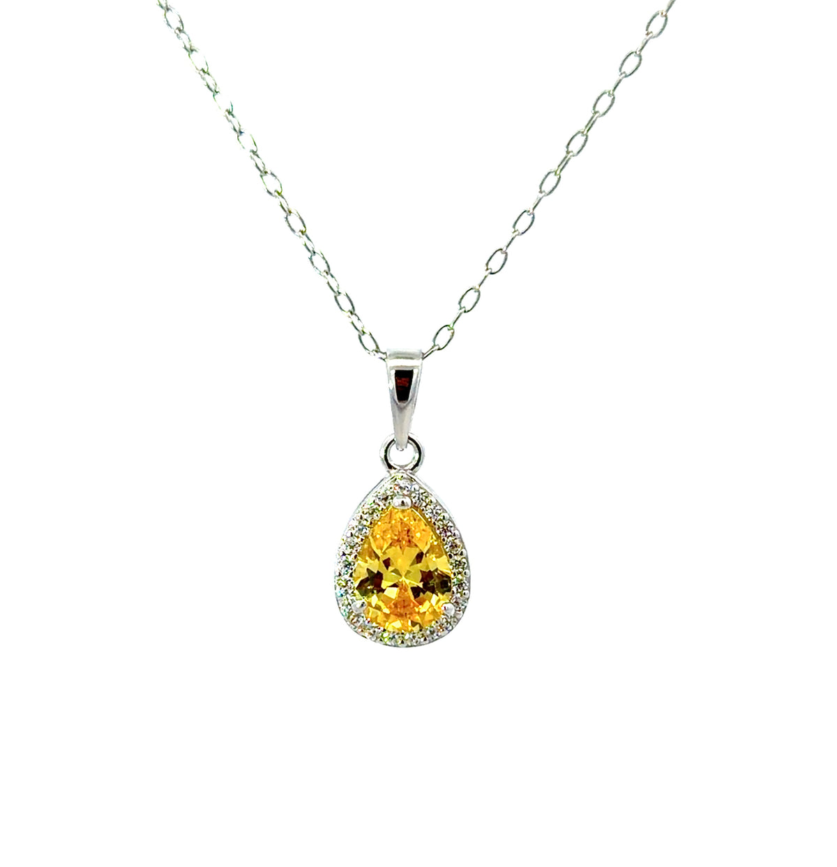 Sterling Silver Teardrop-cut Fancy Yellow Halo Necklace