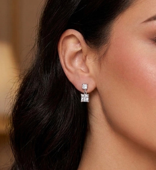 Sterling Silver Princess Cut Cubic Zirconia Drop Earrings