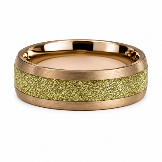 The Solstice Matrix: Rose Gold Tungsten Band with Textured Gold Meteorite Inlay