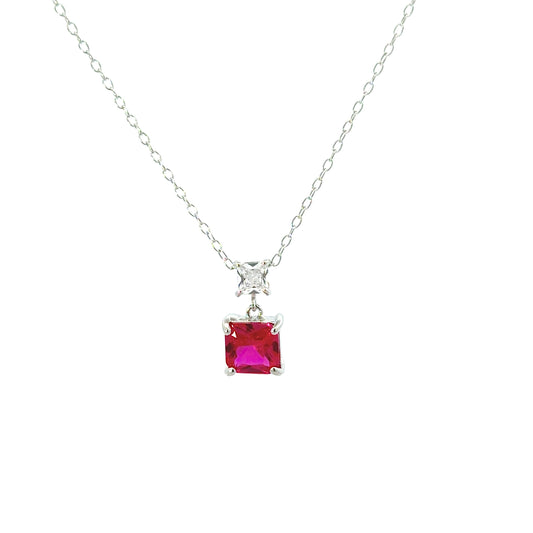 Sterling Silver Princess-cut Ruby Necklace