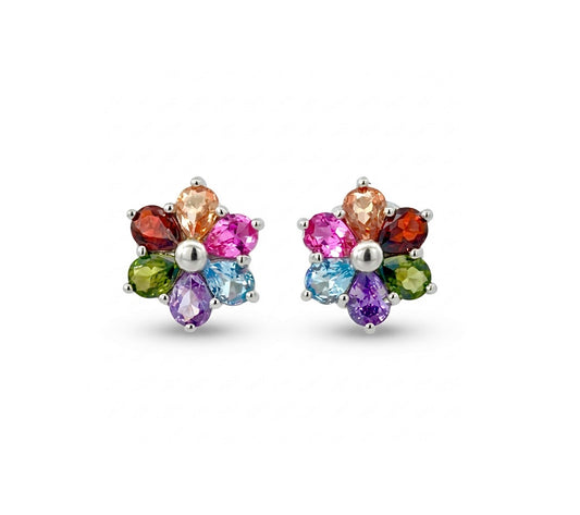 Sterling Silver Multi-Color Floral Stud Earrings