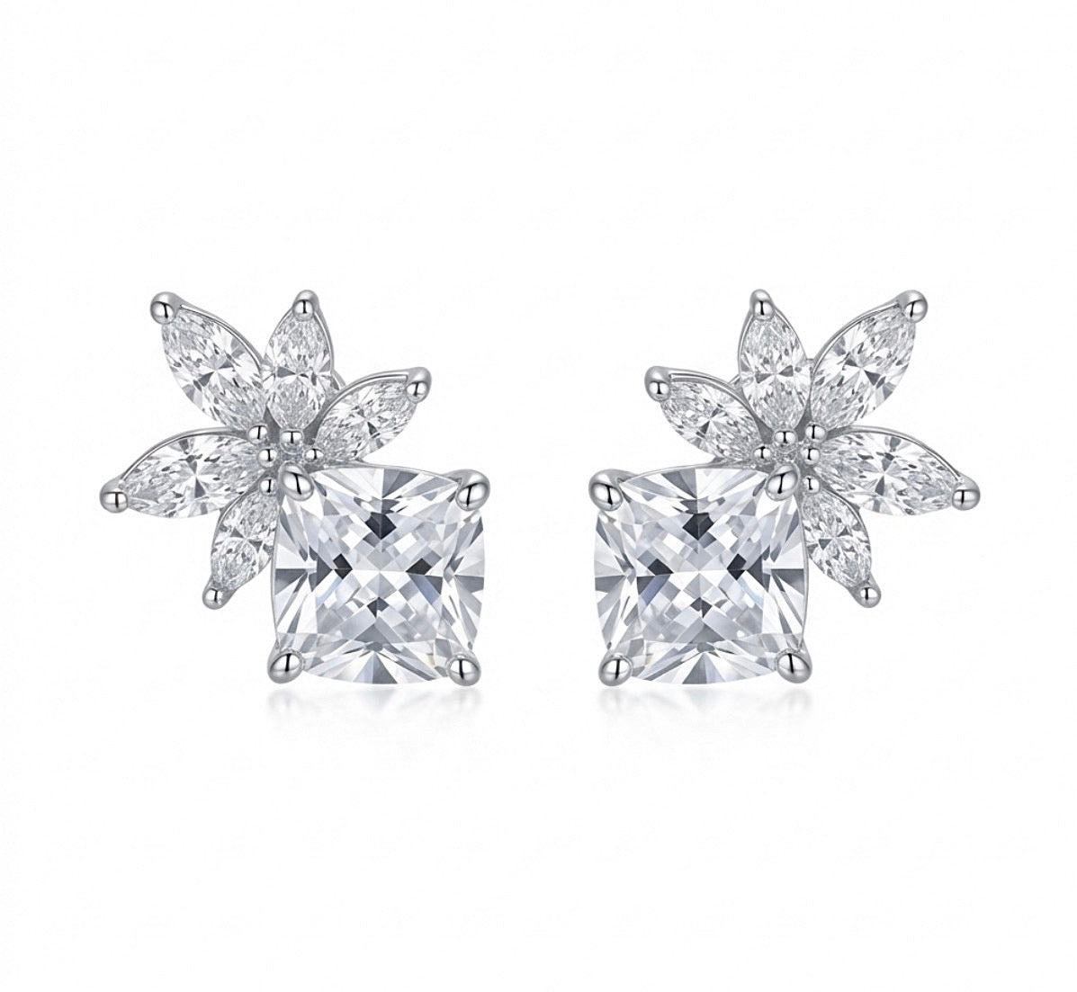 Sterling Silver Marquise-cut Floral Stud Earrings