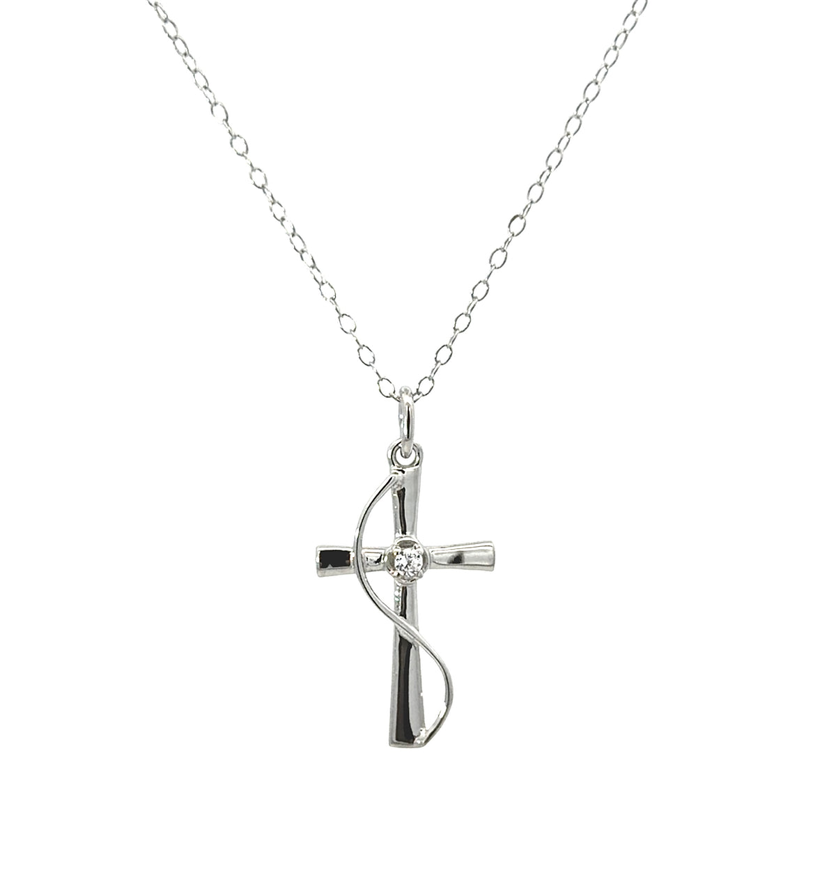 Sterling Silver Cubic Zirconia Ribbon Cross Necklace