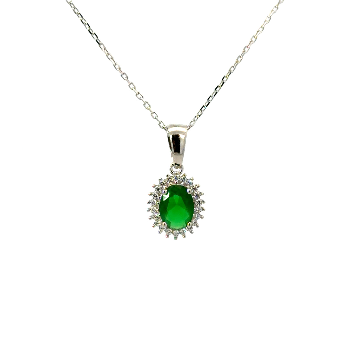Sterling Silver Oval cut Emerald Necklace