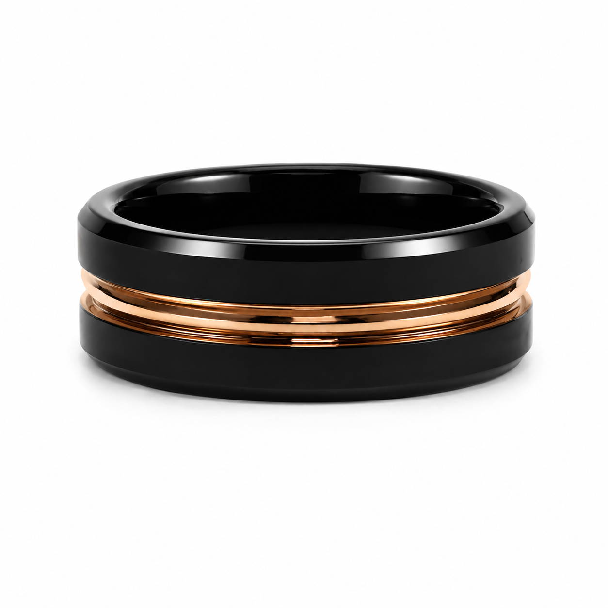 The Eclipse Apex: Black Tungsten Band with Rose Gold Grooved Inlay