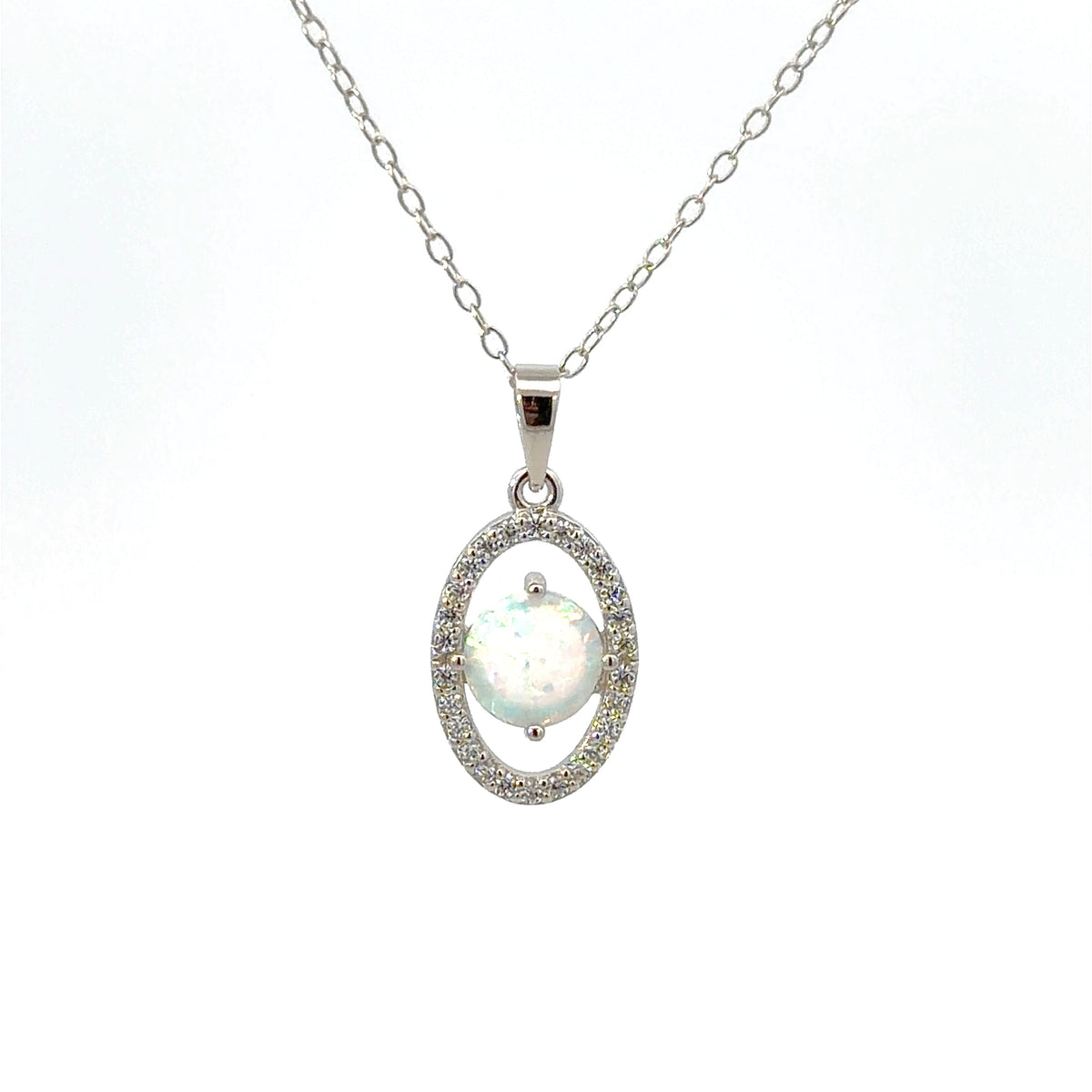 Sterling Silver Oval Halo Opal Necklace