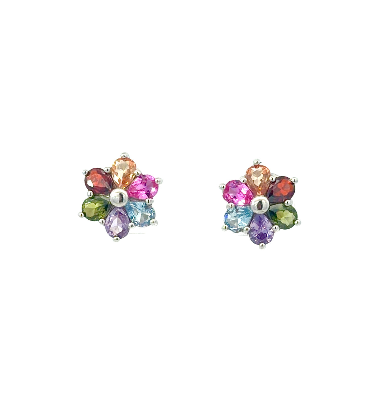 Sterling Silver Teardrop Multi-Color Floral Stud Earrings