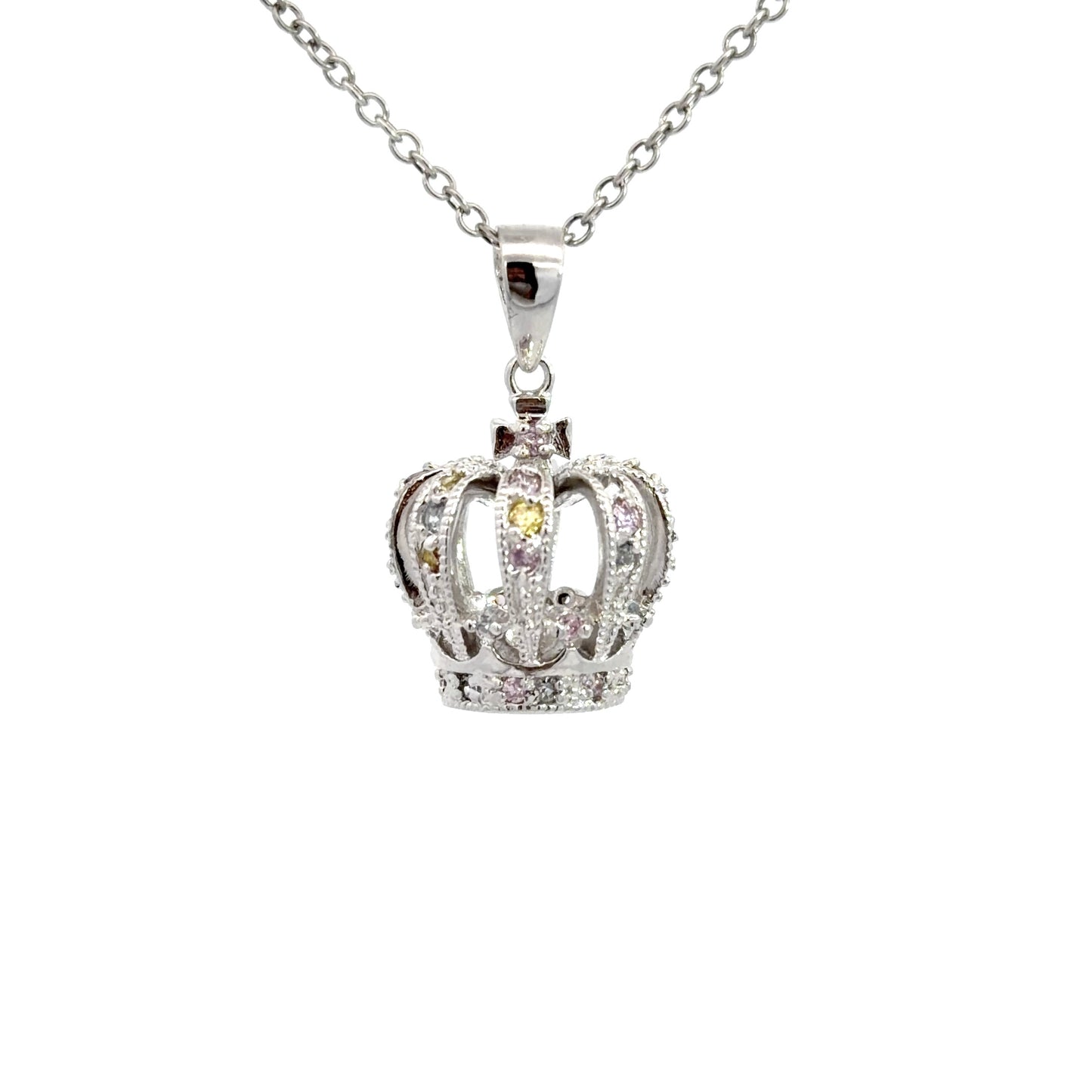 Sterling Silver With Pastel-tone Cubic Zirconia Stones Regal Crown Necklace