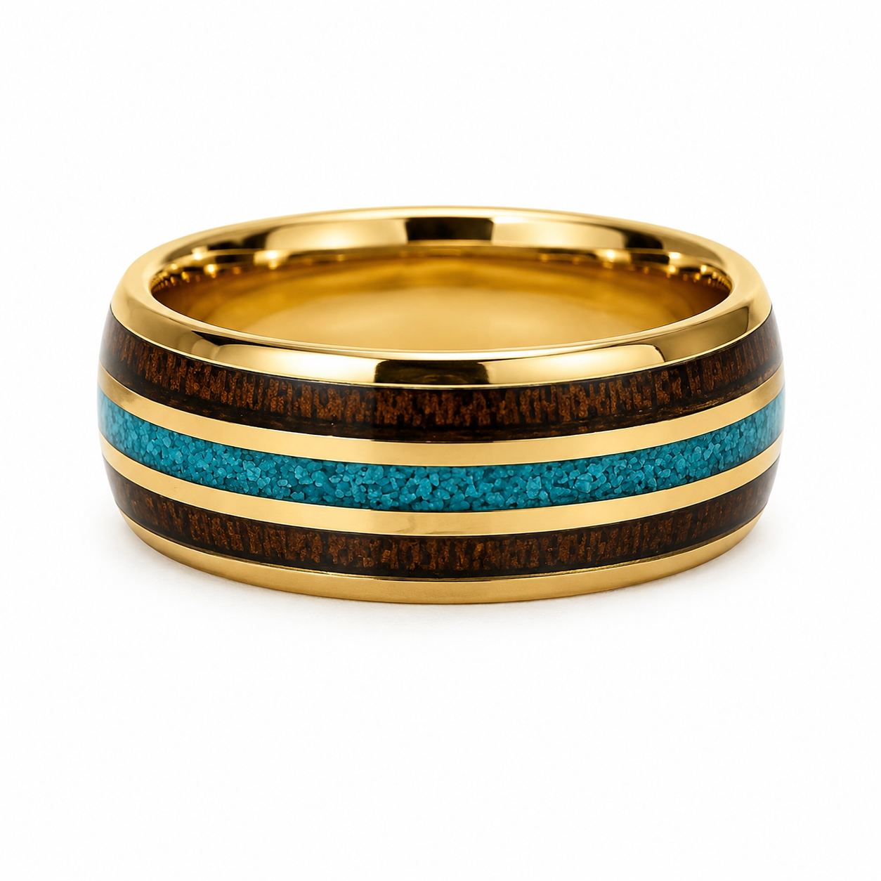 Gold Tungsten Band with Koa Wood & Turquoise Inlay