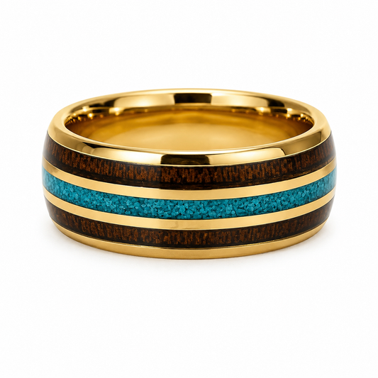 Gold Tungsten Band with Koa Wood & Turquoise Inlay