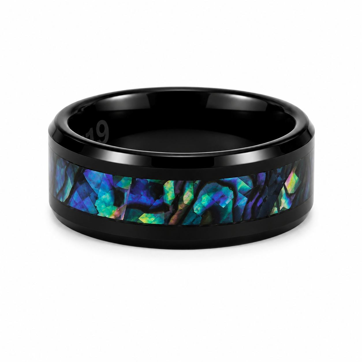 The Nebula: Black Tungsten Band with Crushed Abalone Shell Inlay