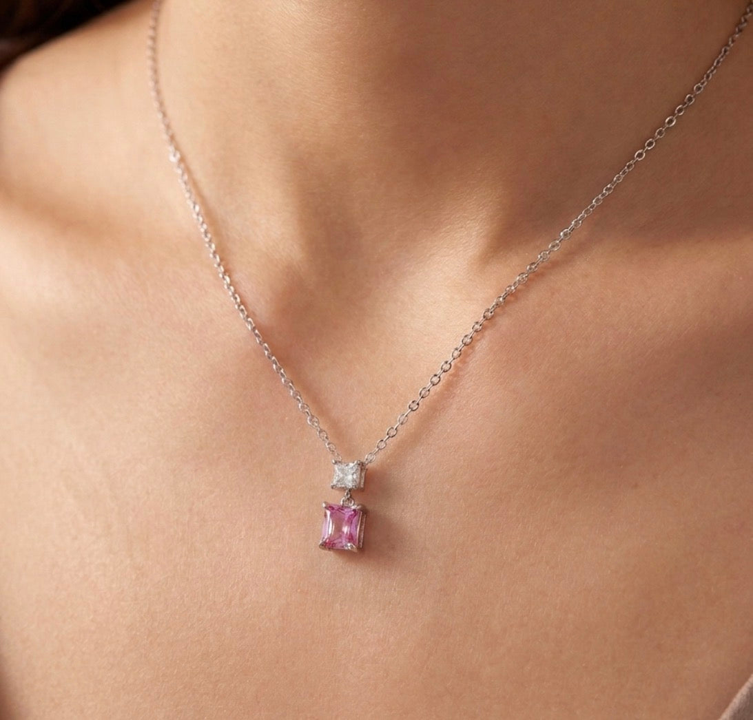 Sterling Silver Princess-cut Pink Topaz Necklace