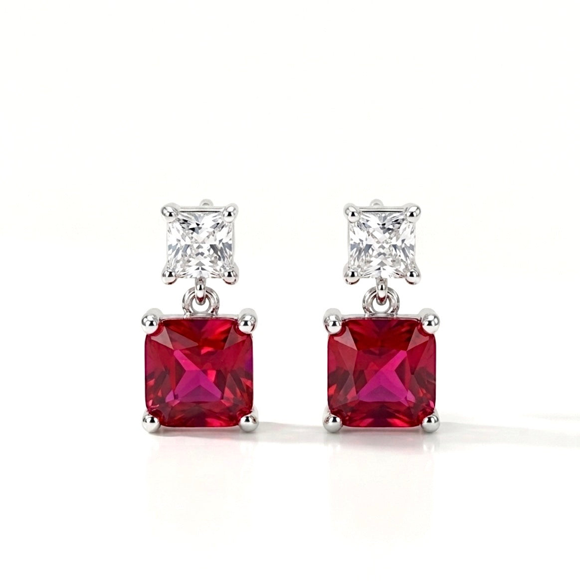 Sterling Silver Princess-cut Ruby Drop Earrings