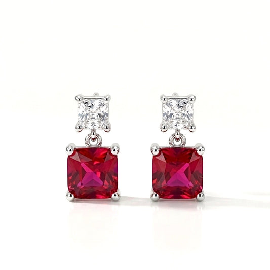Sterling Silver Princess-cut Ruby Drop Earrings