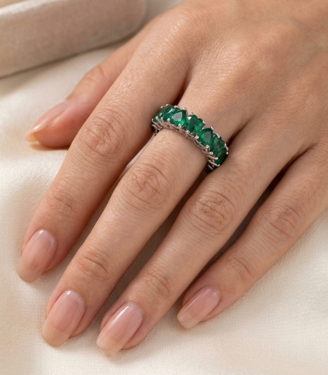 Sterling Silver Heart-cut  Emerald Eternity Ladies Band