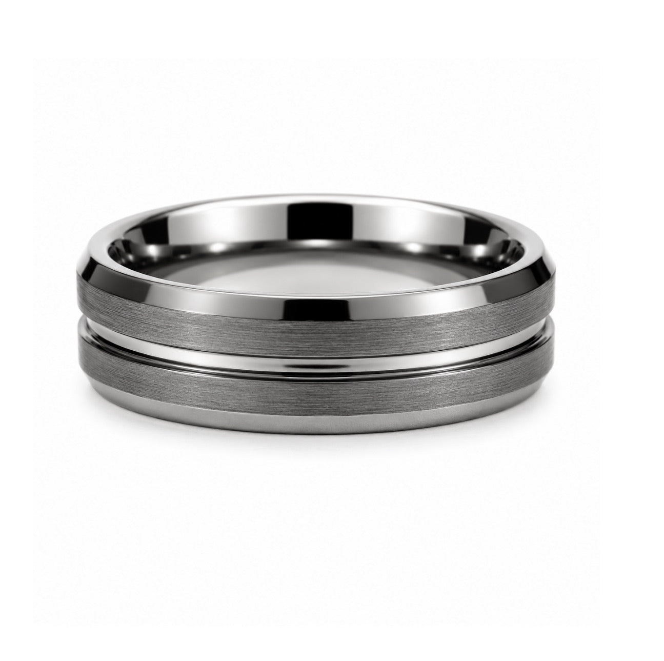 Silver Brushed Tungsten Band with Center Groove & Dual Beveled Edges