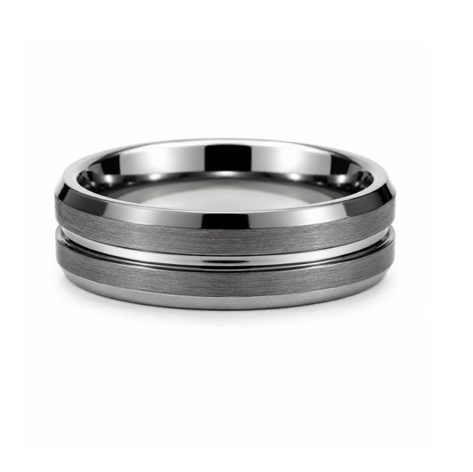 Silver Brushed Tungsten Band with Center Groove & Dual Beveled Edges