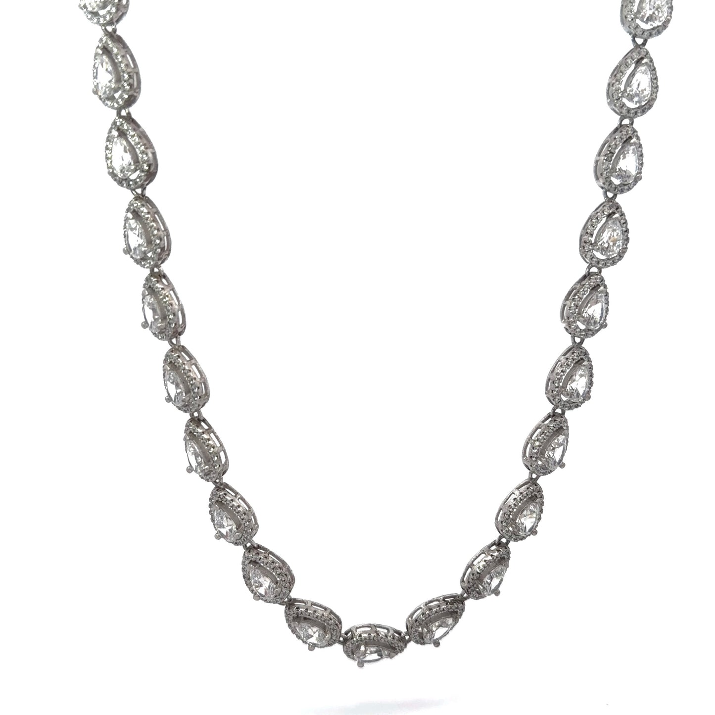 Sterling Silver Pear Shape Halo Set Cubic Zirconia Necklace