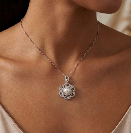 Sterling Silver Elegant Floral Design Pearl Necklace