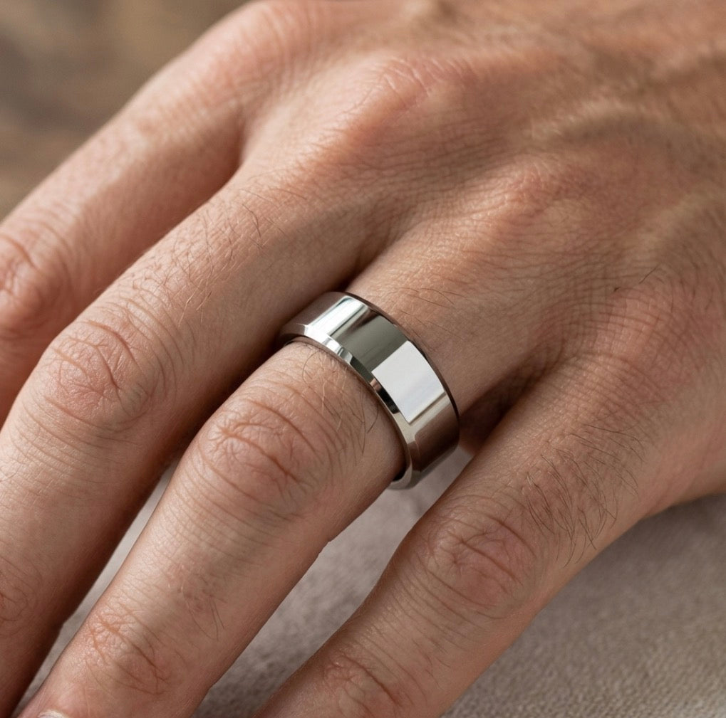 Silver Brushed 8MM Tungsten Band with Polished Beveled Edges