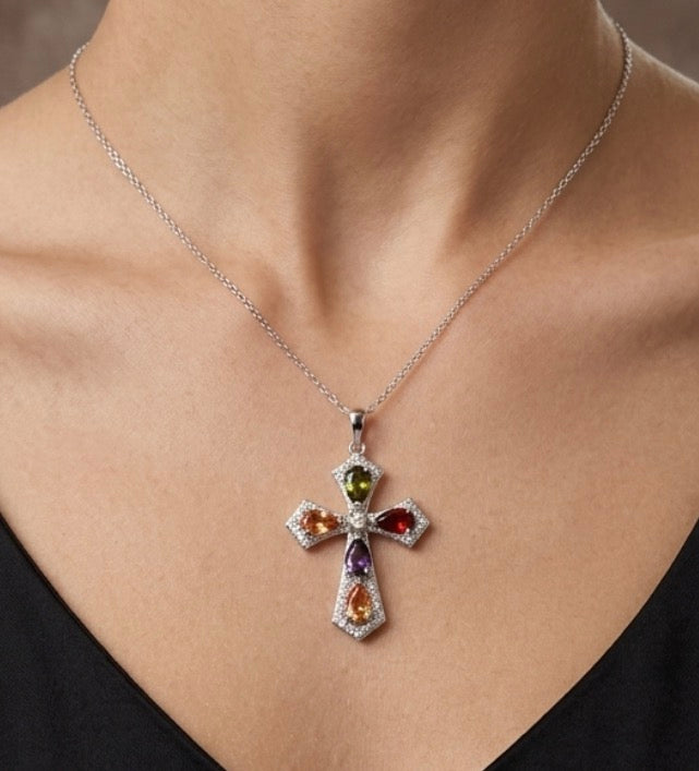 Sterling Silver Multi Color Cross Pendant Necklace