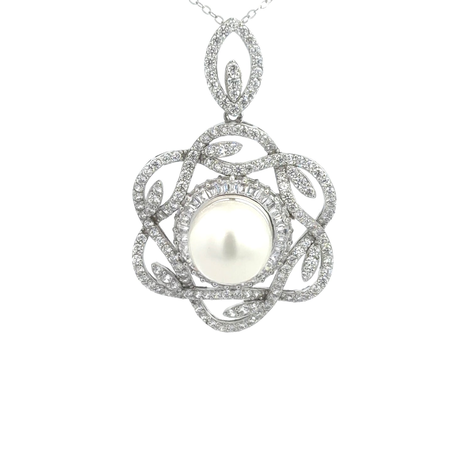 Sterling Silver Elegant Floral Design Pearl Necklace