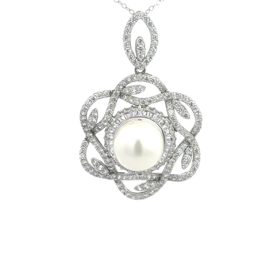 Sterling Silver Elegant Floral Design Pearl Necklace