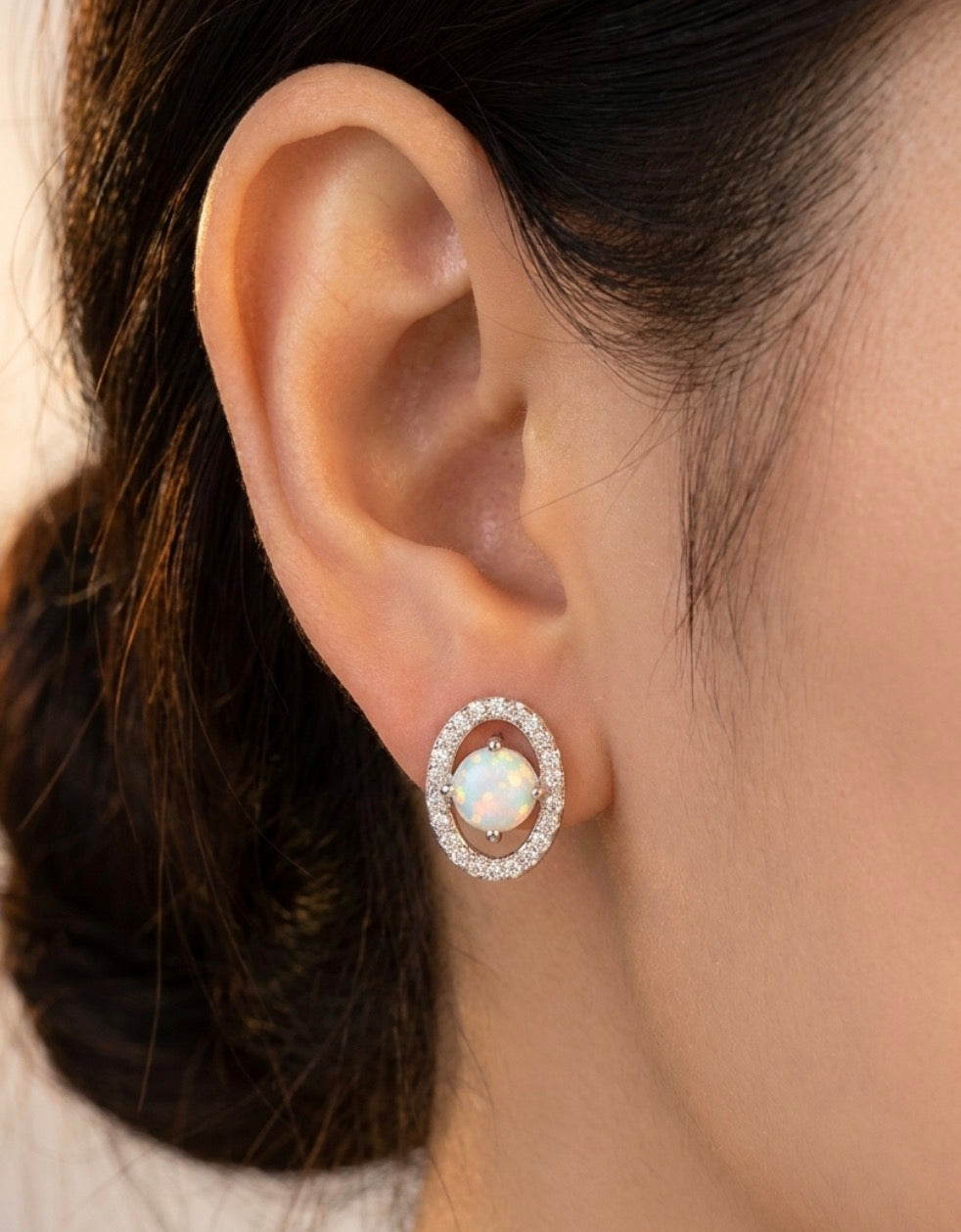 Sterling Silver Oval Halo Opal Earrings