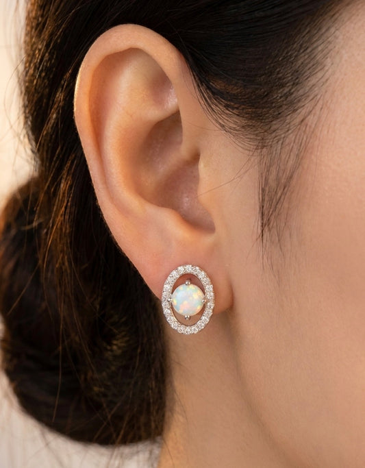 Sterling Silver Oval Halo Opal Earrings