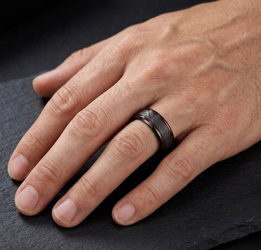 The Vulcan Edge: Black Tungsten Band with Distressed Charcoal Inlay & Crimson Grooves