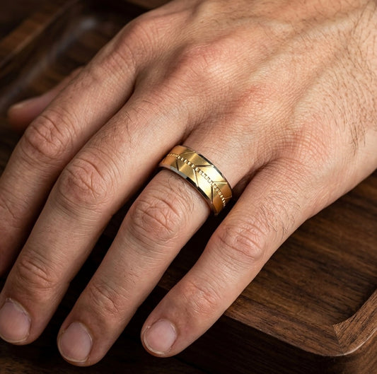 The Imperium Chevron: Gold-Plated Stepped Tungsten Band with Segmented Center Groove