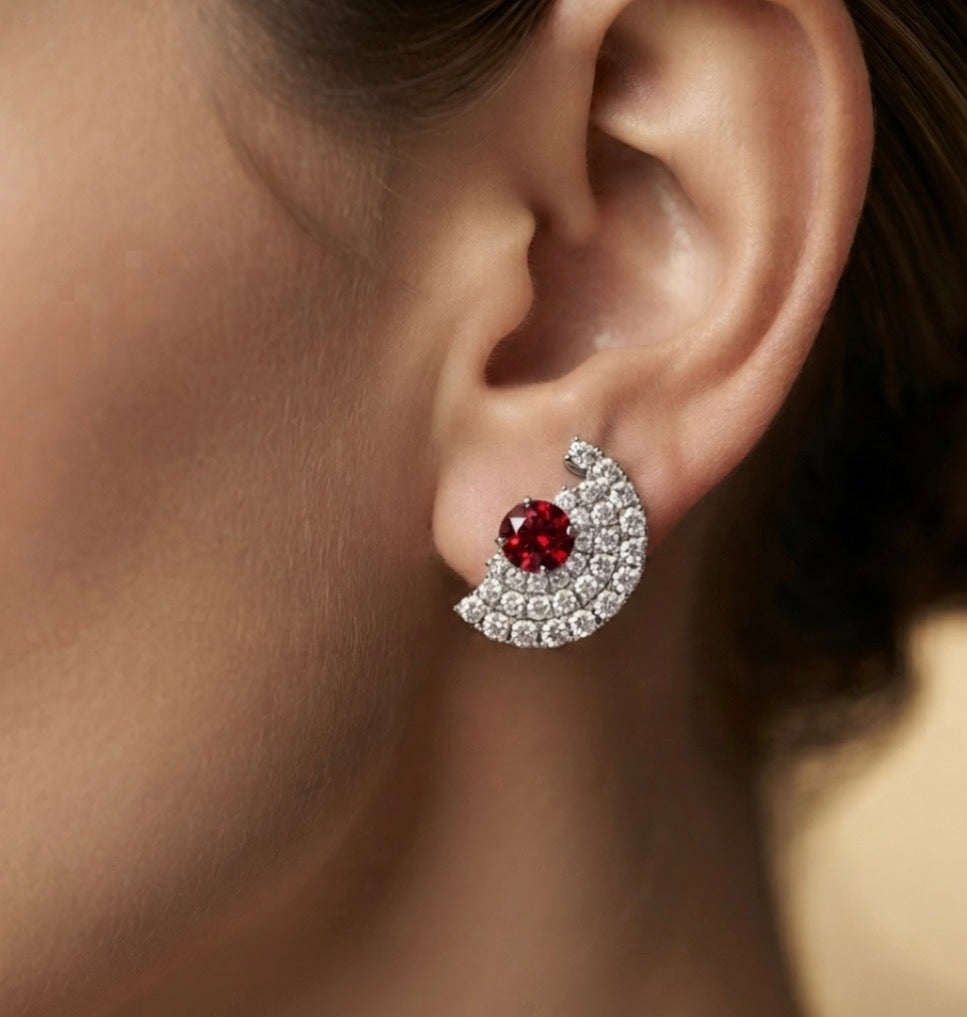 Crescent Ruby Cubic Zirconia Stud Earrings