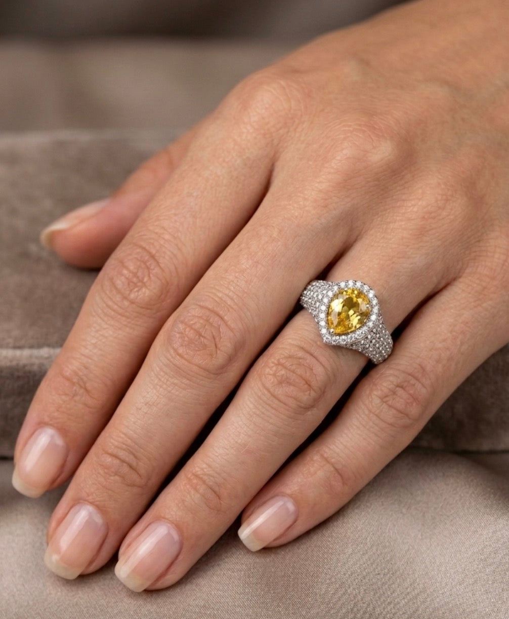 Sterling Silver Fancy Yellow Pave Encrusted Teardrop-cut Ring