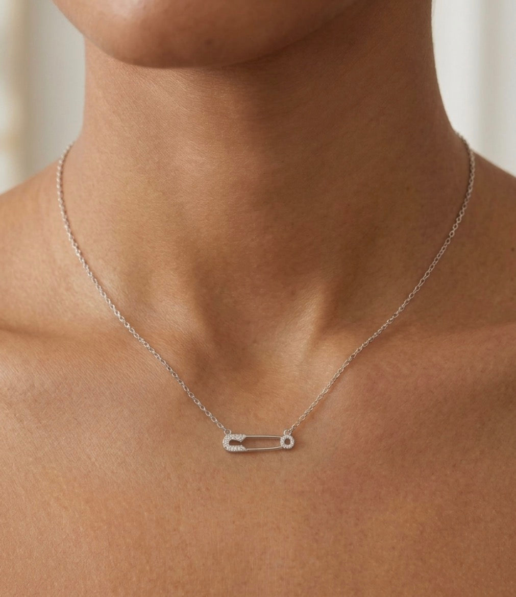 Sterling Silver Pave Safety Pin Necklace