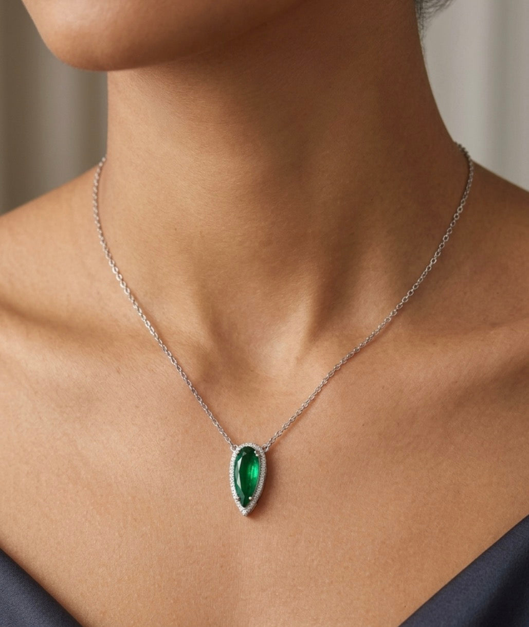 Sterling Silver Teardrop cut Emerald Necklace