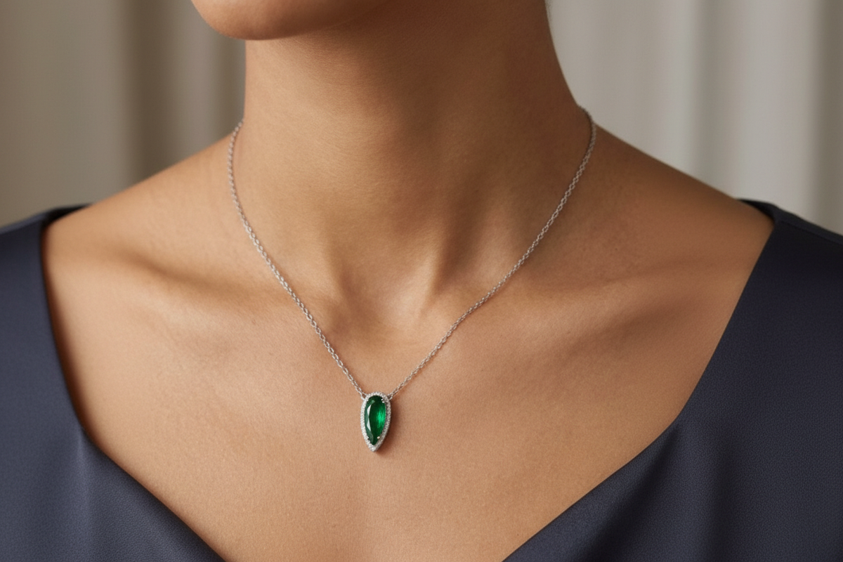 Sterling Silver Teardrop Emerald Necklace