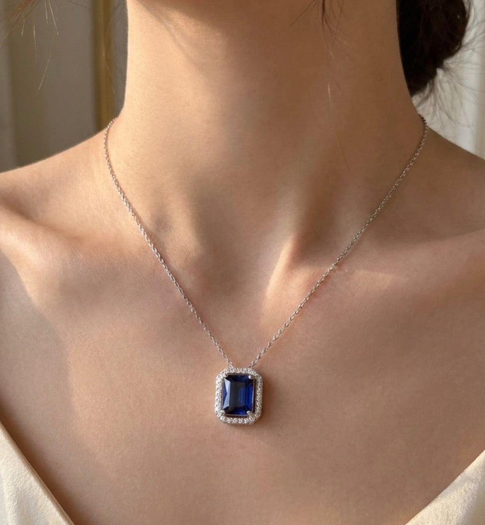 Sterling Silver Sapphire Halo Necklace